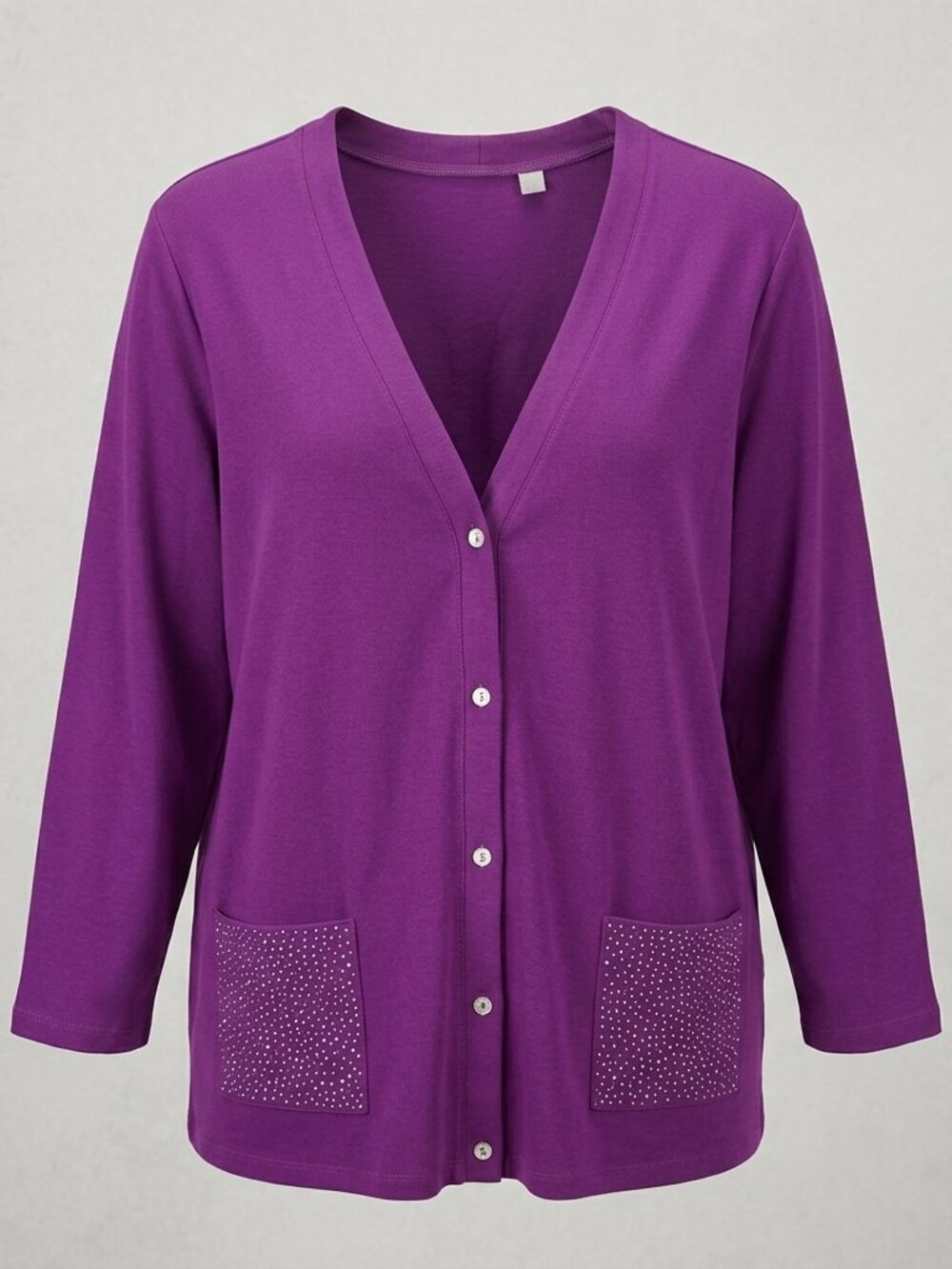Quacker Factory Womens 2X Purple Rhinestone Bling Pockets Cardigan Button Front